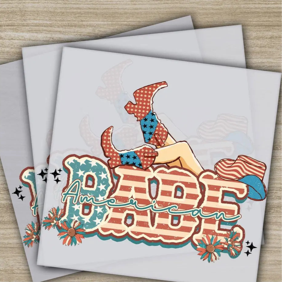 4th of July American Babe Cowgirl Fourth ofJuly Ready to Press Personalized DTF Transfers Heat Press DTF Transfers