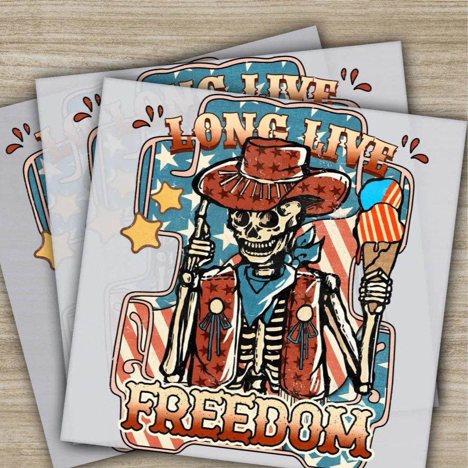 4th of July Long Live Freedom Skeleton Fourth ofJuly Ready to Press Personalized DTF Transfers Heat Press DTF Transfers