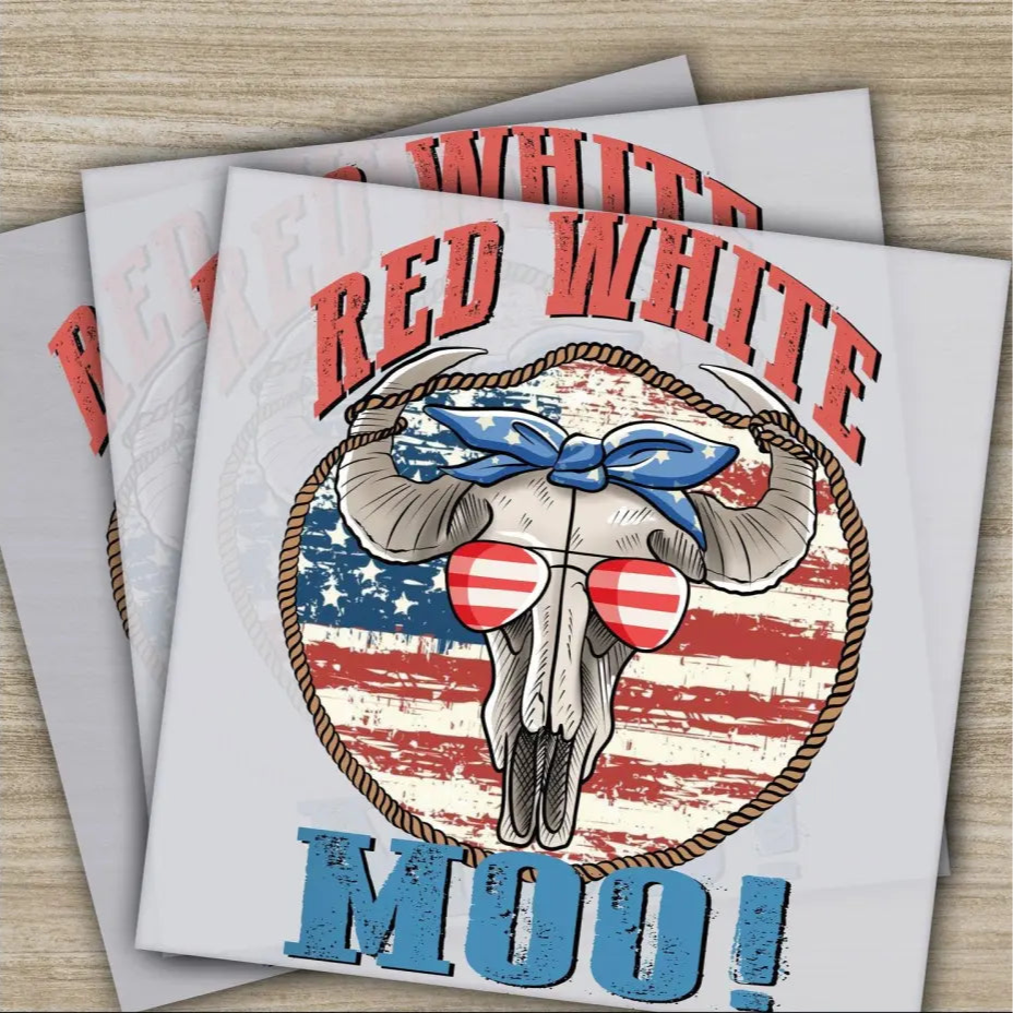 4th of July Red White Blue Moo Fourth ofJuly Ready to Press Personalized DTF Transfers Heat Press DTF Transfers