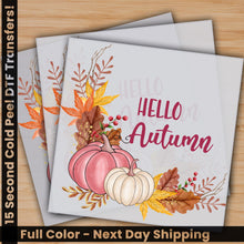 Load image into Gallery viewer, a set of three greeting cards with autumn leaves and pumpkins
