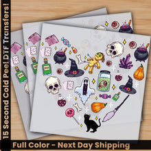 Load image into Gallery viewer, a set of halloween stickers with a cat and a witch
