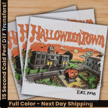 Load image into Gallery viewer, a set of three halloween greeting cards with a house in the background
