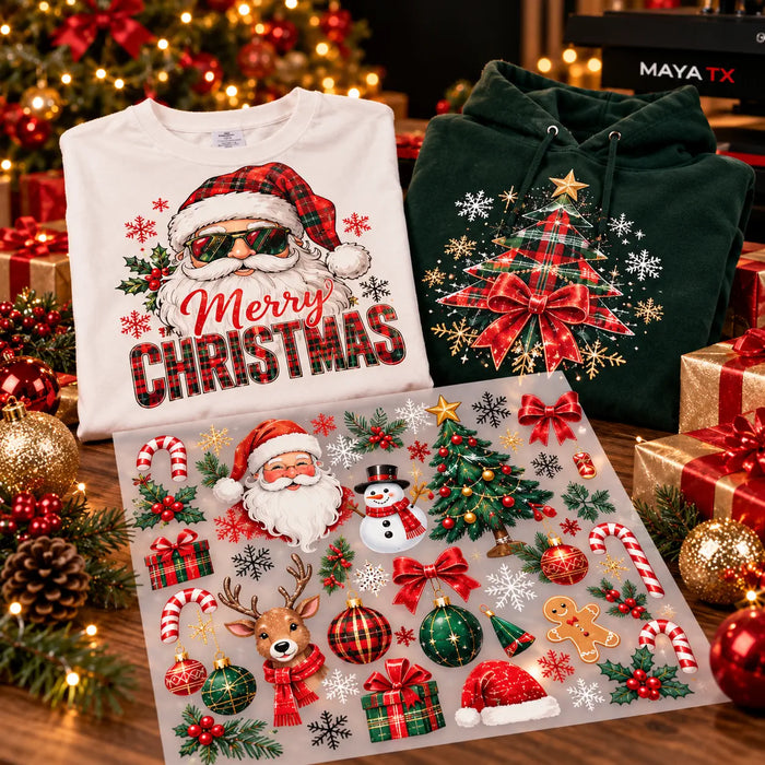 Festive Christmas DTF transfers displayed with printed t-shirts