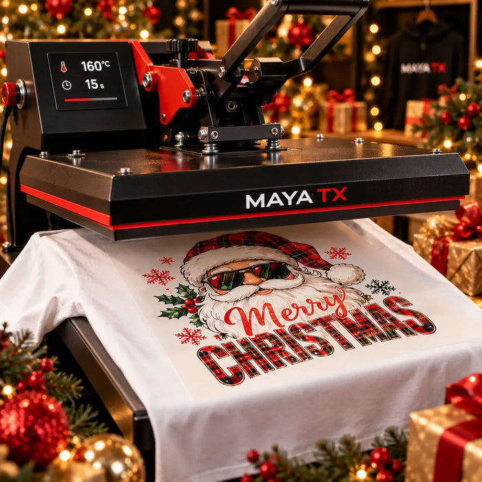 Ready-to-press Christmas DTF designs arranged in a holiday studio
