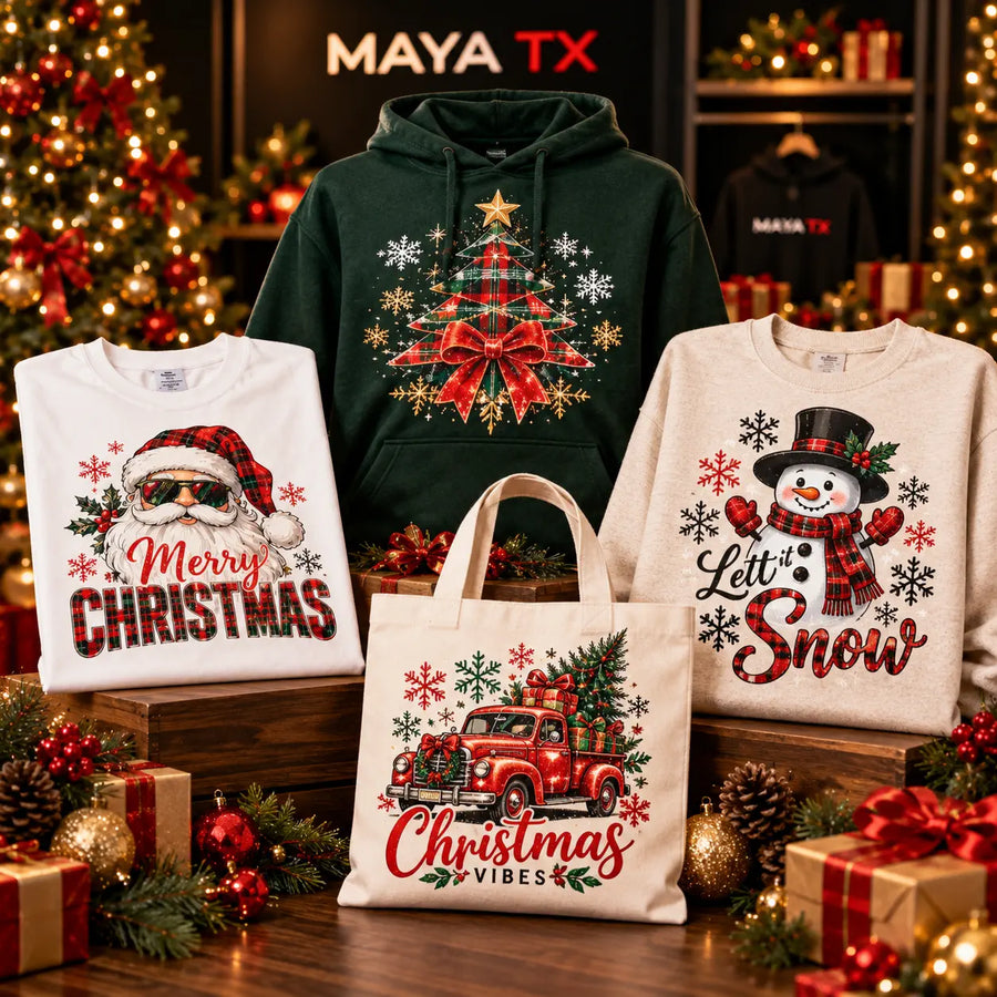 Laptop and festive Christmas DTF design choices
