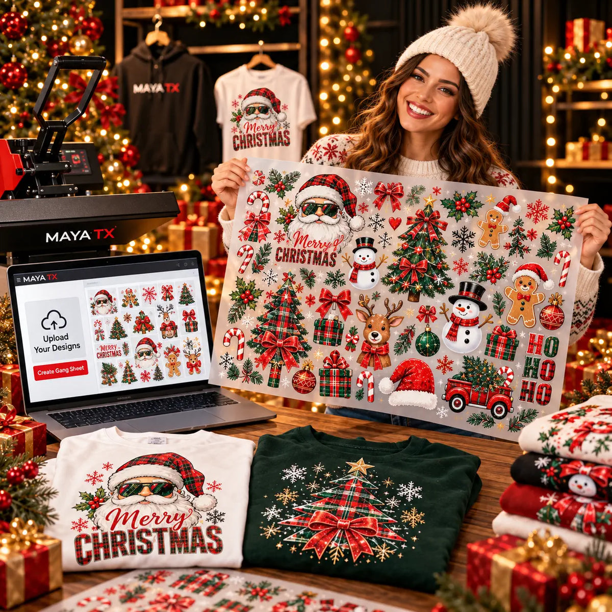Woman displaying Christmas DTF transfer designs and printed holiday apparel at MAYA TX