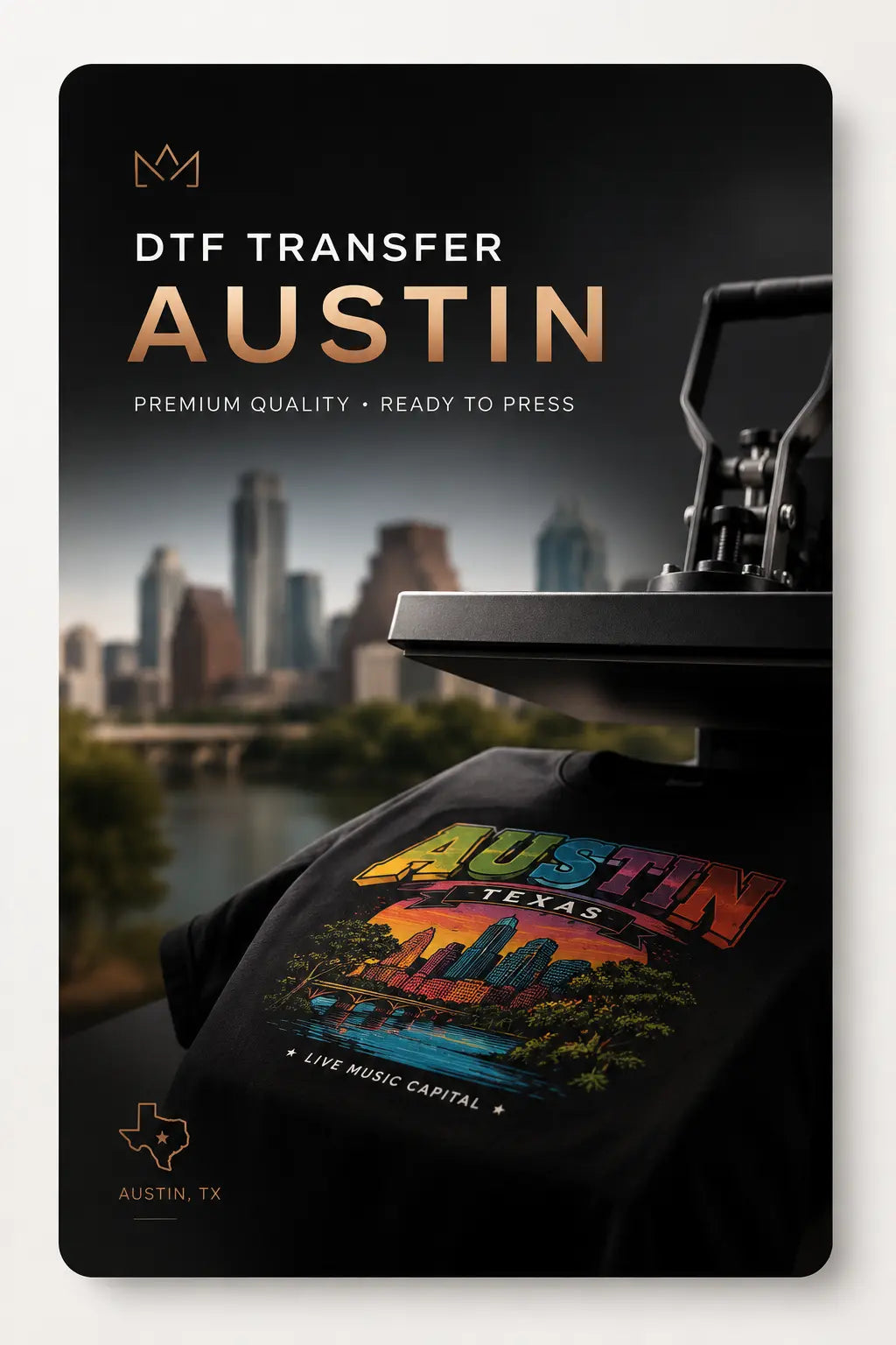 Premium Austin DTF Transfers by MAYA TX featuring vibrant ready-to-press custom apparel printing, professional heat press production, same-day pickup, and fast nationwide shipping from Texas.