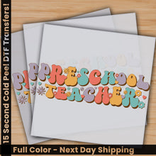 Load image into Gallery viewer, two greeting cards with the words preschool teacher on them
