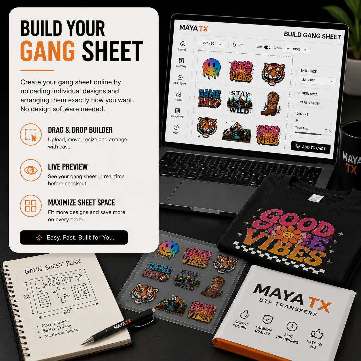 Build Your Own DTF Gang Sheet online using the MAYA TX drag-and-drop gang sheet builder.