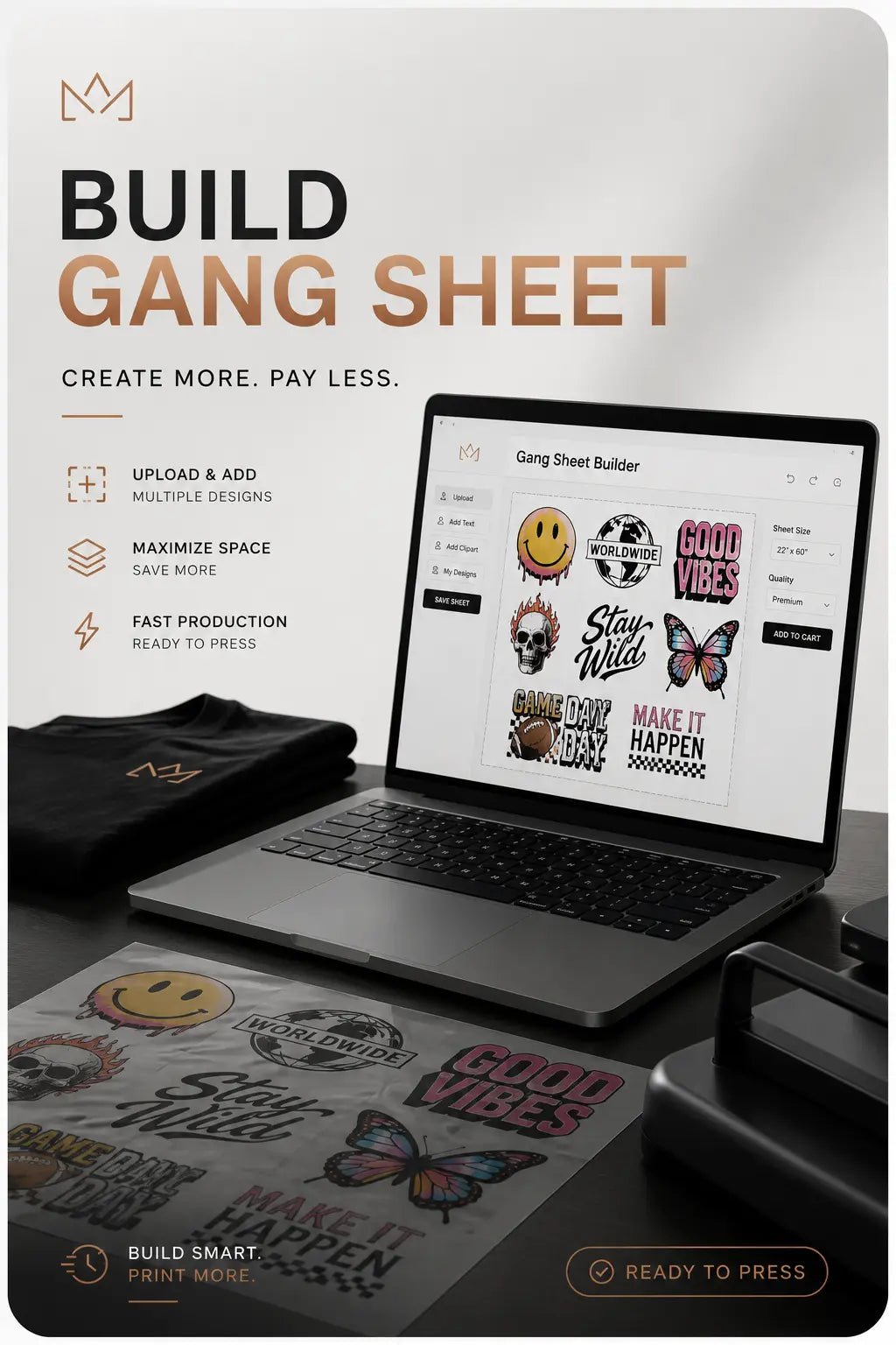 Online DTF Gang Sheet Builder by MAYA TX showing custom artwork layout, multiple designs on one sheet, ready-to-press DTF transfers, and an easy drag-and-drop gang sheet creation workspace.