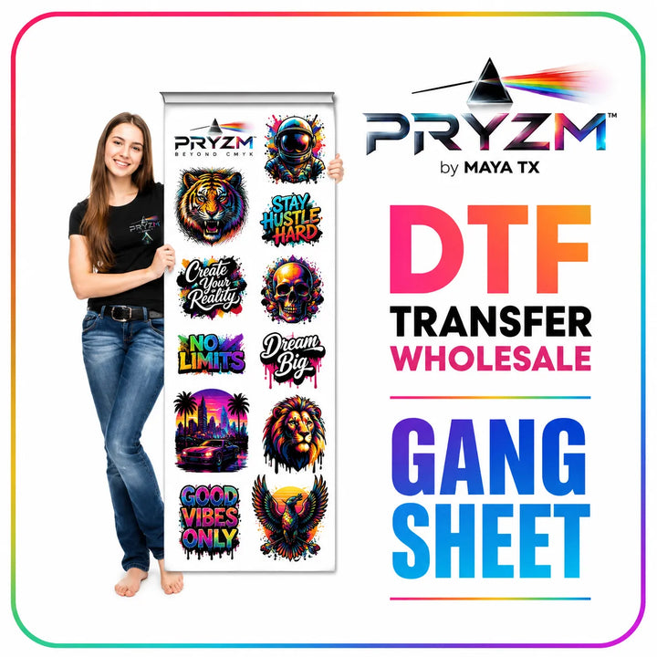 Create custom PRYZM™ Gang Sheets with advanced 9-color RGBO technology for brighter colors, smoother gradients, richer detail, and premium photo-real DTF transfer quality.