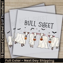 Load image into Gallery viewer, a set of three halloween cards with cows wearing ghost costumes
