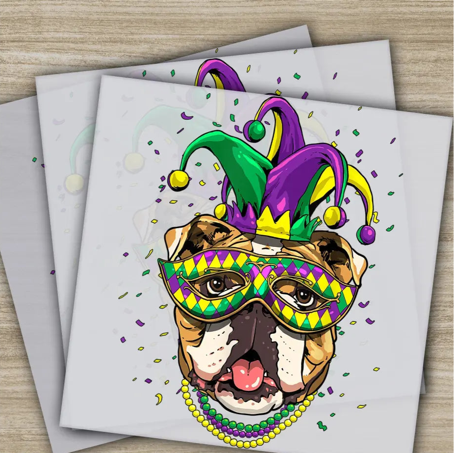 Bulldog Dog Lover Mardi Gras Transfers Ready to Press Personalized DTF Transfers Mardi Gras Gifts High Quality Heat