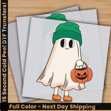 Load image into Gallery viewer, a card with a cartoon ghost holding a pumpkin
