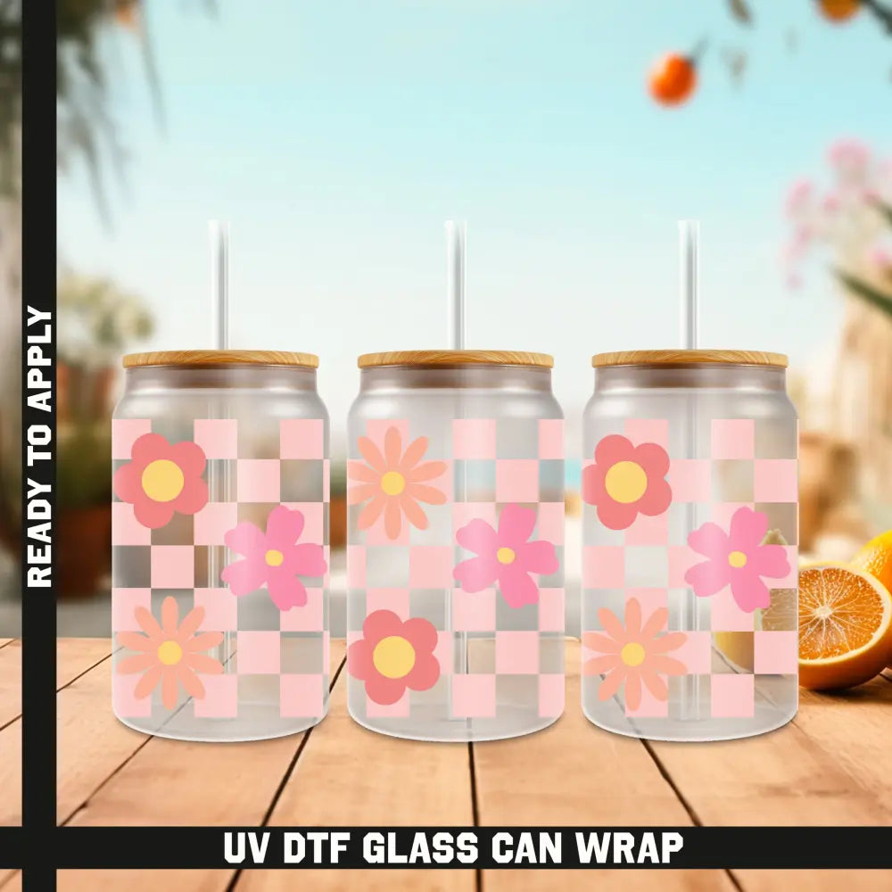 Chekered Flowers Ready To Apply UV DTF 16oz cup Wrap