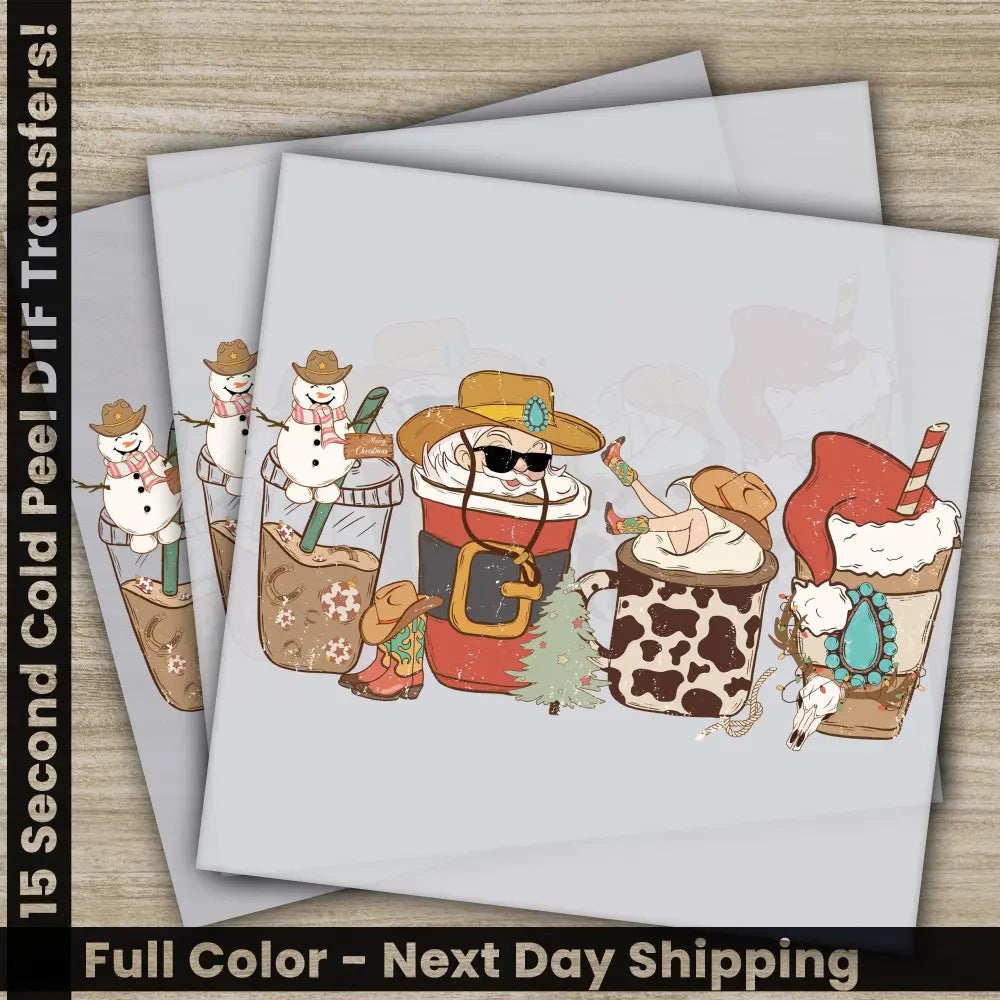 Christmas Coffee Cups Ready to Press DTF Christmas Transfers High Quality DTF Prints Fast Shipping Howdy Santa
