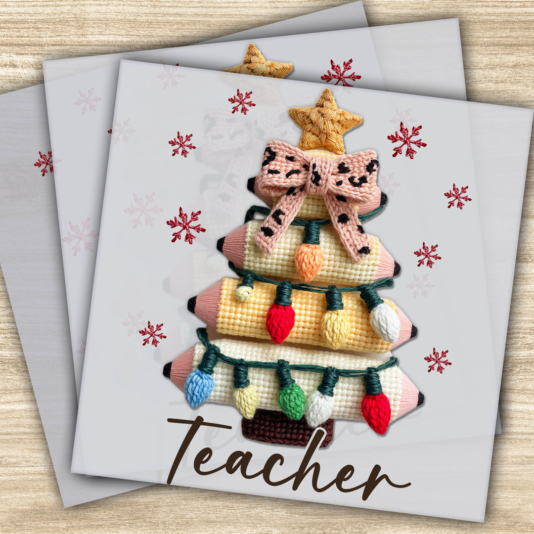 Christmas teacher pencil tree DTF transfer with faux yarn details, holiday lights, star topper, and bow for festive teacher apparel
