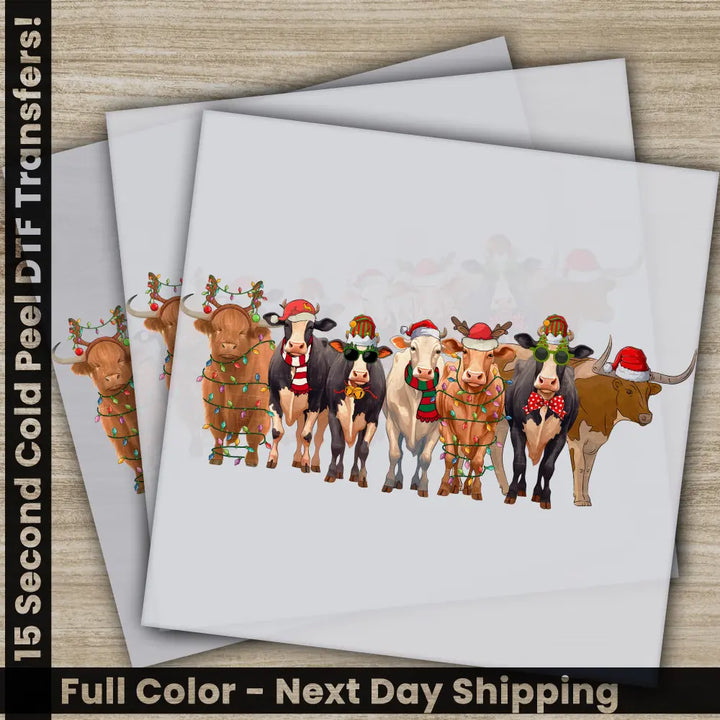 Cow Christmas DTF Transfers Ready to Press Personalized Gifts Direct to Film Sublimation Screen Prints Fast Shipping