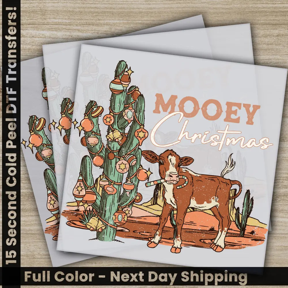 Cow Mooey Christmas DTF Transfers Ready to Press Personalized Direct to Film Sublimation Screen Prints Fast Shipping