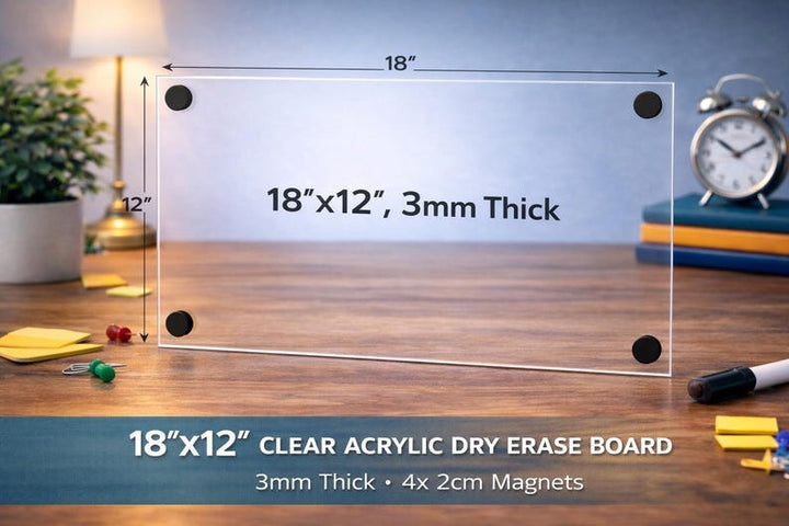 18x12 custom acrylic dry erase board 3mm thick magnetic clear planner with four black magnets on desk