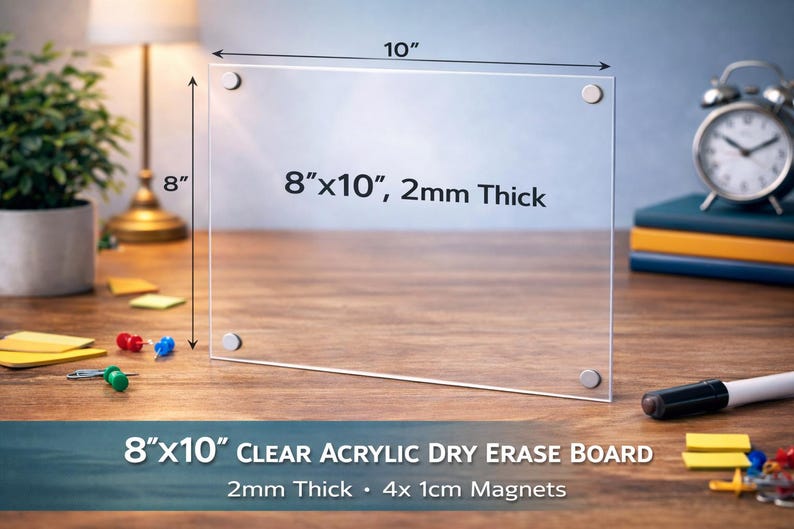 8x10 custom acrylic dry erase board 2mm thick magnetic clear planner with four corner magnets on desk
