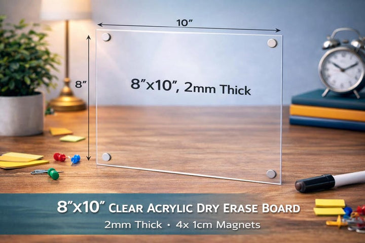 8x10 custom acrylic dry erase board 2mm thick magnetic clear planner with four corner magnets on desk