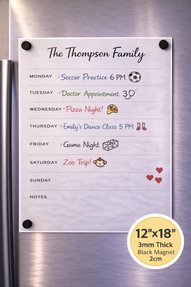 Custom acrylic family planner 12x18 3mm thick magnetic weekly dry erase board on refrigerator with personalized family name and weekly schedule