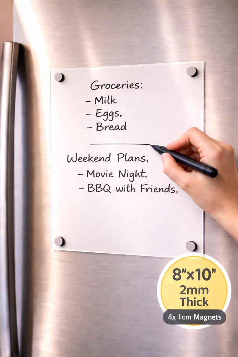 Custom acrylic family planner 8x10 2mm thick magnetic weekly dry erase board mounted on refrigerator with handwritten grocery list and weekend plans