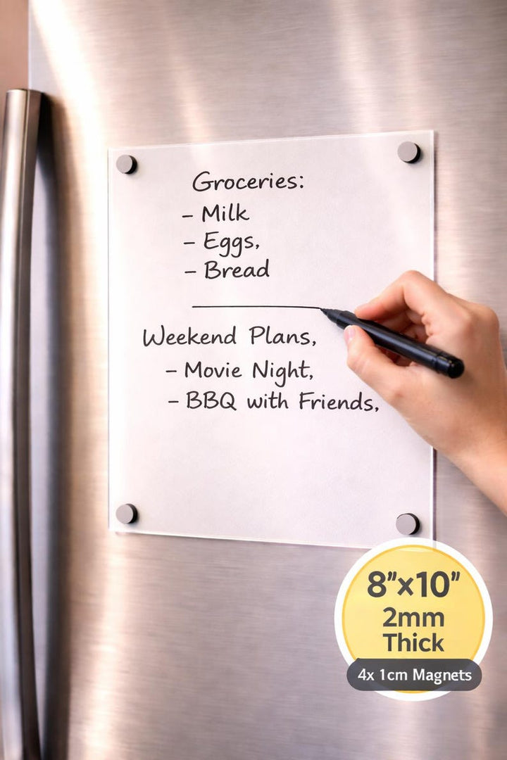 Custom acrylic family planner 8x10 2mm thick magnetic weekly dry erase board mounted on refrigerator with handwritten grocery list and weekend plans