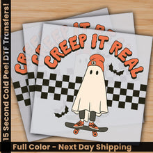 Load image into Gallery viewer, a set of three halloween cards with a ghost riding a skateboard
