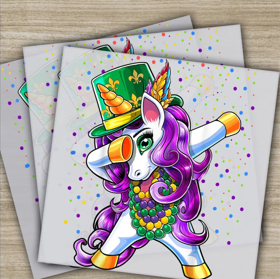 Dabbing Unicorn Mardi Gras Transfers Ready to Press Personalized DTF Transfers Mardi Gras Gifts High Quality Heat Press