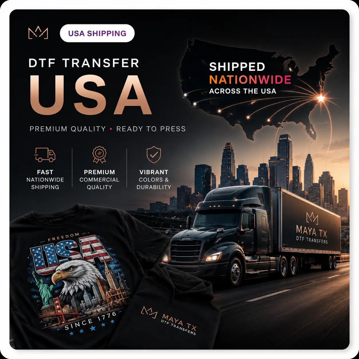 Premium Austin DTF Transfers by MAYA TX featuring vibrant ready-to-press custom apparel printing, professional heat press production, same-day pickup, and fast nationwide shipping from Texas.