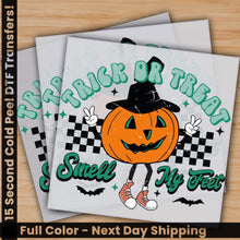 Load image into Gallery viewer, a pair of halloween cards with a pumpkin wearing a witch&#39;s hat
