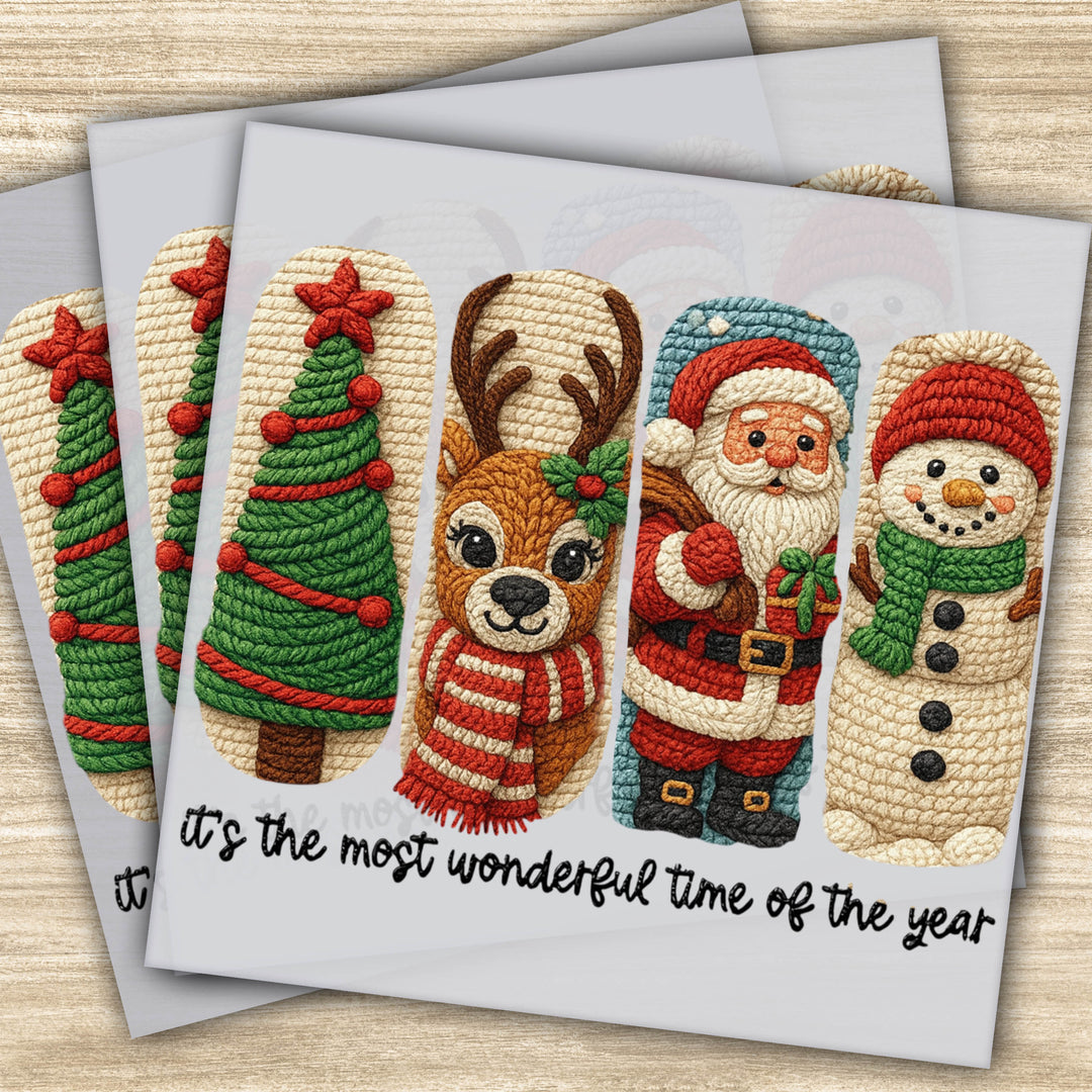 Faux yarn Christmas DTF transfer sheet with tree, reindeer, Santa and snowman ready-to-press design on a light background.