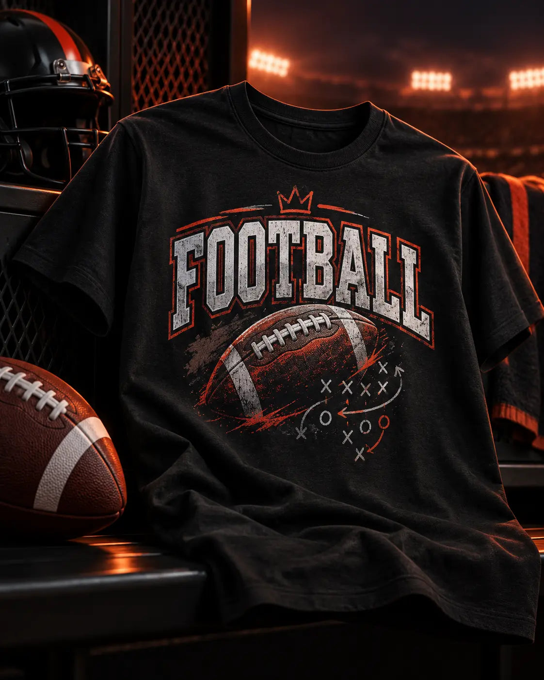 Football DTF transfer printed on a black game day t-shirt with football gear by MAYA TX