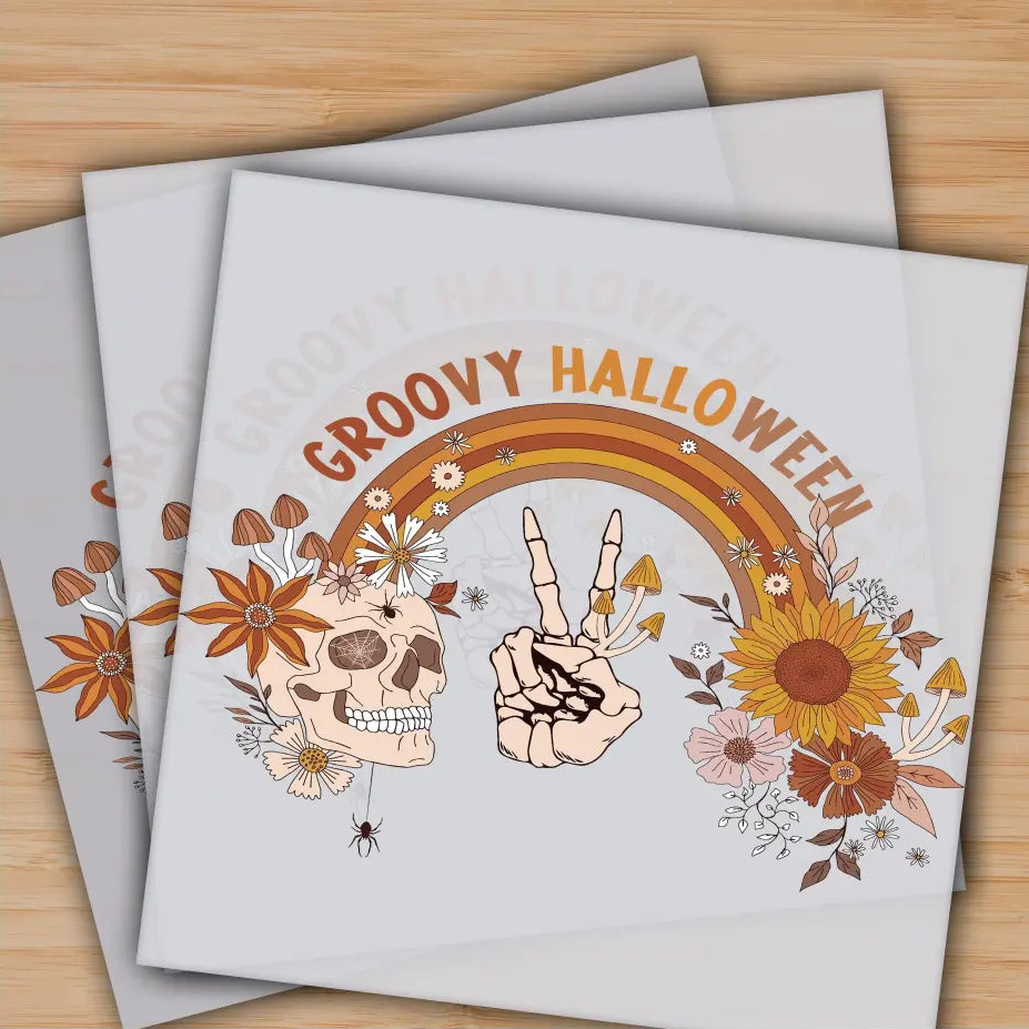 Groovy Halloween Floral Skull Ready to Press Personalized Gifts Sublimation DTF Prints Trendy DTF Prints Ready