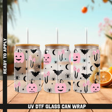 Load image into Gallery viewer, a set of three glasses with bats and pumpkins on them
