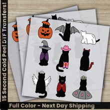 Load image into Gallery viewer, a set of halloween stickers with cats and bats
