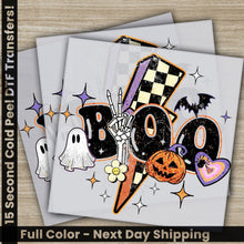 Load image into Gallery viewer, a set of three halloween greeting cards with the word boo on them
