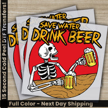 Load image into Gallery viewer, a picture of a skeleton holding a beer
