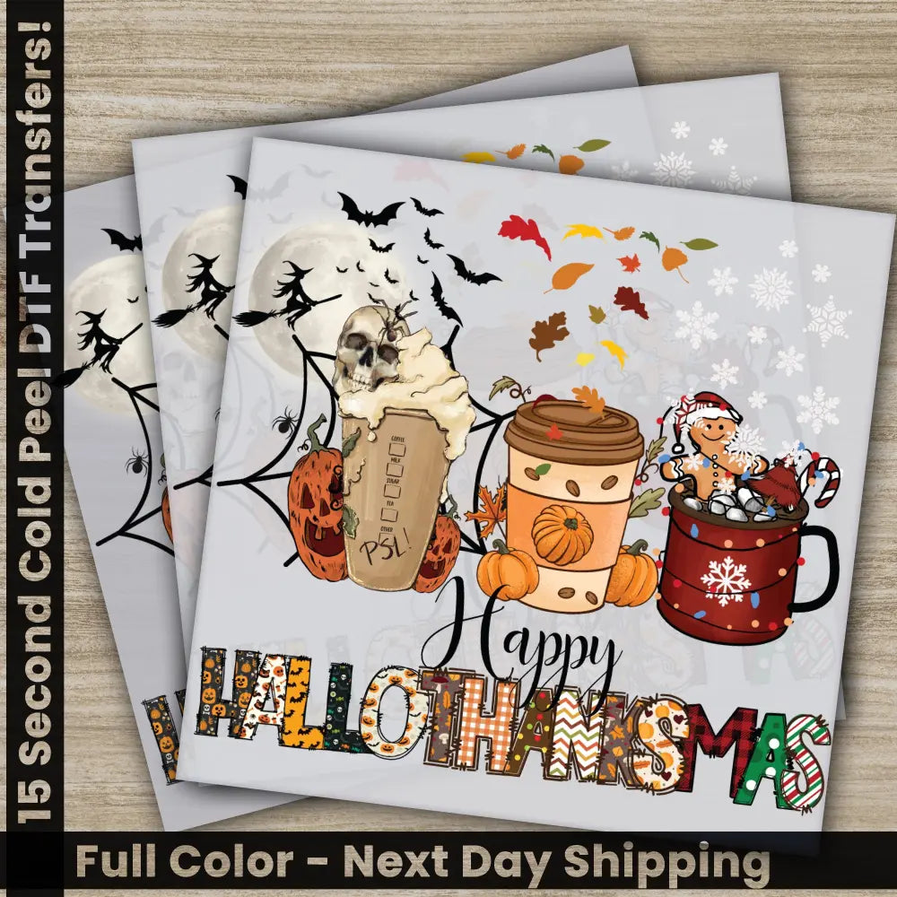 Happy Hallothanksmas Christmas DTF Transfers Ready to Press Personalized Gifts Direct to Film Sublimation Screen Prints