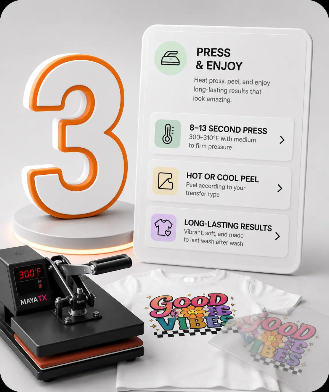 Apply DTF transfers with a heat press using the recommended temperature, peel method, and finishing process for long-lasting professional results from MAYA TX.