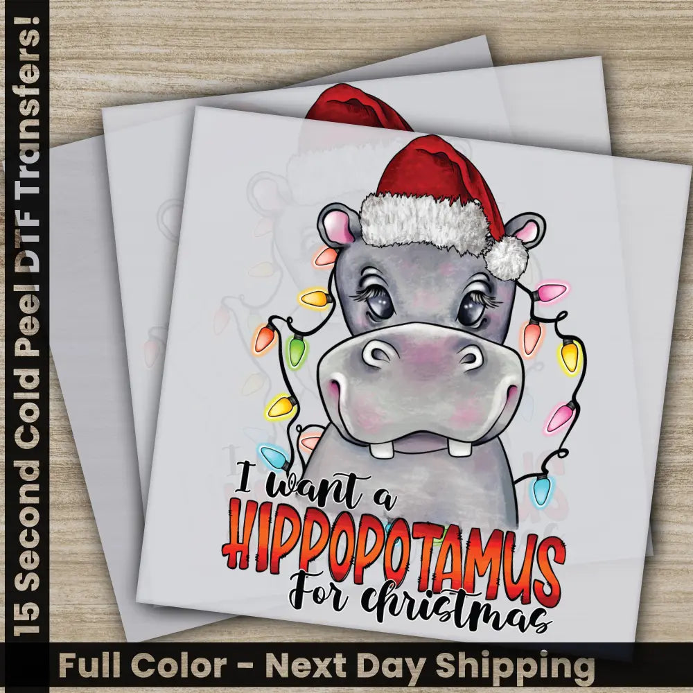 Hippopotamus Christmas DTF Transfers Ready to Press Personalized Gifts Direct to Film Sublimation Screen Prints Fast