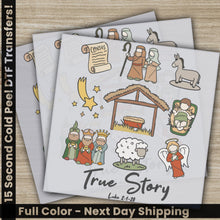 Load image into Gallery viewer, a set of three christmas stickers with a nativity scene
