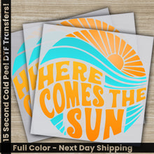 Load image into Gallery viewer, a set of three stickers that say, where comes the sun
