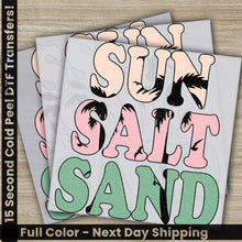 Load image into Gallery viewer, a pair of stickers that say sun salt sand
