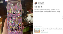 Load image into Gallery viewer, a person holding a purple tumble with a bunch of stickers on it
