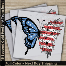 Load image into Gallery viewer, a picture of a blue butterfly with red, white and blue flowers
