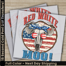 Load image into Gallery viewer, a pair of red white and blue stickers with a cow skull
