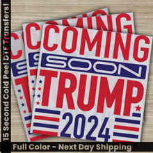 Load image into Gallery viewer, a pair of stickers with the words coming soon trump in red, white and
